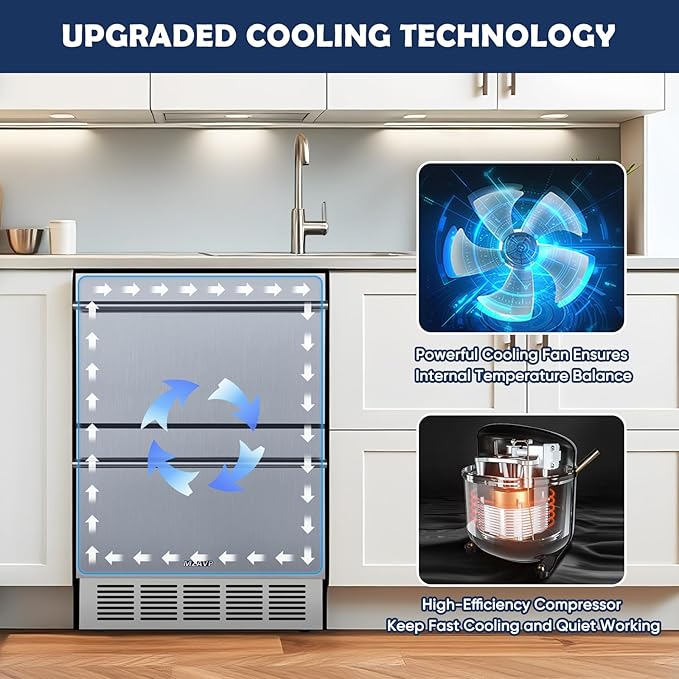 24 Inch Double Drawer Fridge, Stainless Steel Outdoor Beverage Refrigerator for Patio and Kitchen, Freestanding or Built-In, Mobile Grid Organizer, Home and Commercial Use