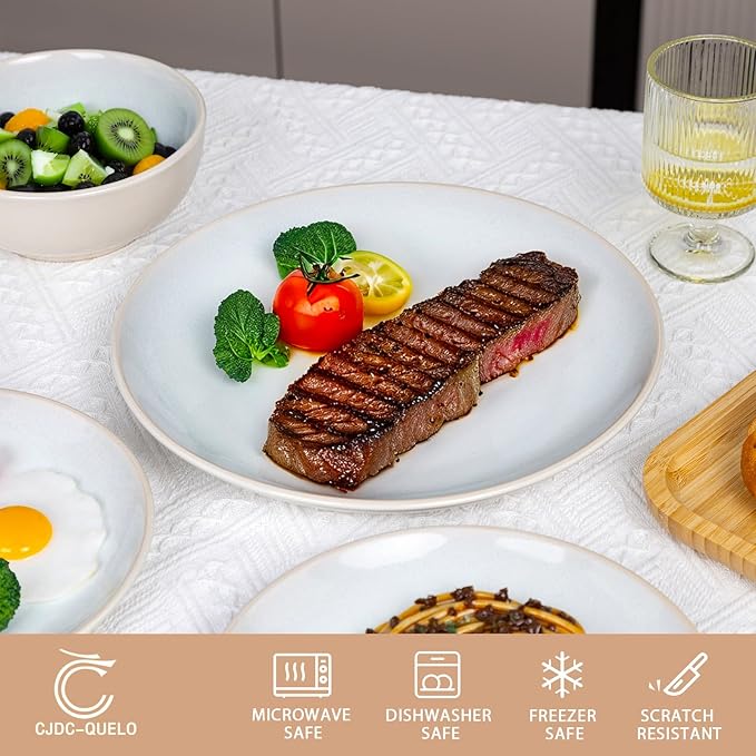 Plates and Bowls Sets for 4 - CJDC-QUELO 12-Piece Stoneware Dinnerware Sets, Ceramic Dishware Set for Kitchen Use and Formal Dining, Chip and Scratch Resistant Microwave Dishwasher Safe, Off White