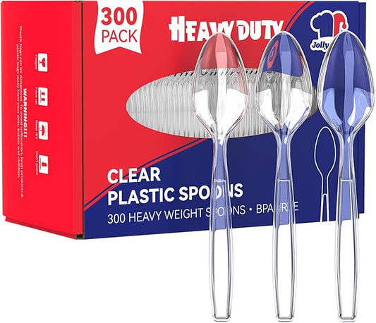 JOLLY CHEF 300 Count Clear Plastic Teaspoons Heavy Duty, 6.54" Heat Resistant Solid and Durable Plastic Teaspoons Disposable, Disposable Bulk Cutlery Suitable for Parties Supply Events Everyday Use