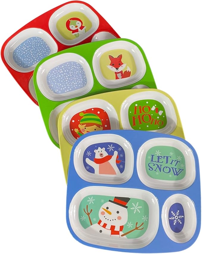 4E's Novelty Christmas Dinnerware Divided Plates For Kids (Set of 4) Melamine Plastic BPA Free Sectional Holiday Dinner Plates, Christmas Dishes for Toddlers