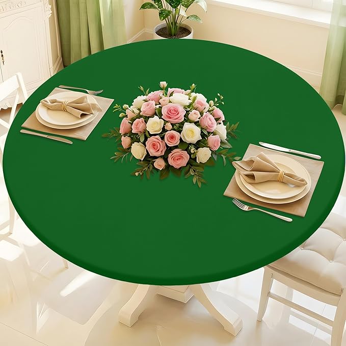 Round Spandex Tablecloth, Elastic Fitted Waterproof Tablecloths for 31"-35" Tables, Stretch Washable Picnic Table Cover for Camping, Dining, Indoor and Outdoor, Emerald Green