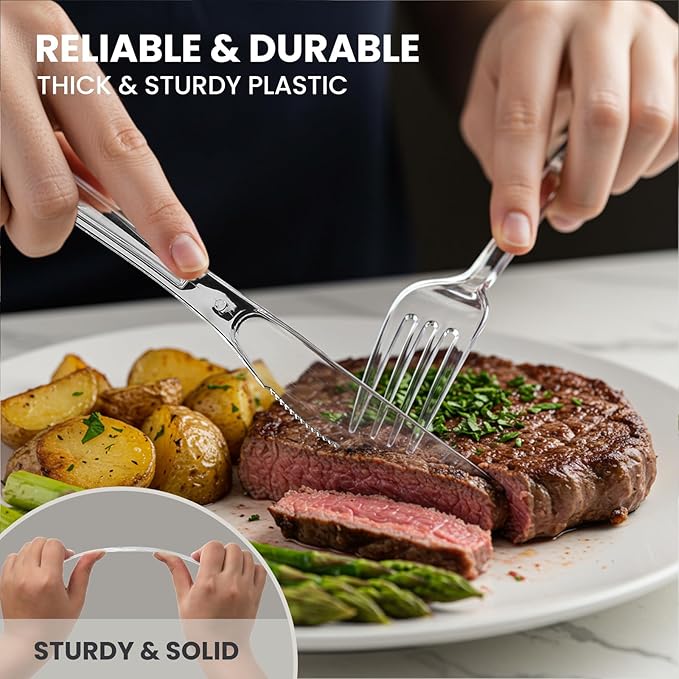 400 Count Heavy Duty Plastic Silverware, BPA-Free, Clear Plastic Cutlery Set, Premium Disposable Utensils for Party Everyday Use, 150 Forks, 150 Spoons and 100 Knives