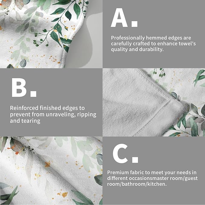 Imiss Eucalyptus Leaf Hand Towels Set of 2 Green Leaves Decorative Kitchen Dish Cloths 14.4 x 28.3 Inch Soft Small Fingertip Towel for Bathroom Hotel Gym Spa