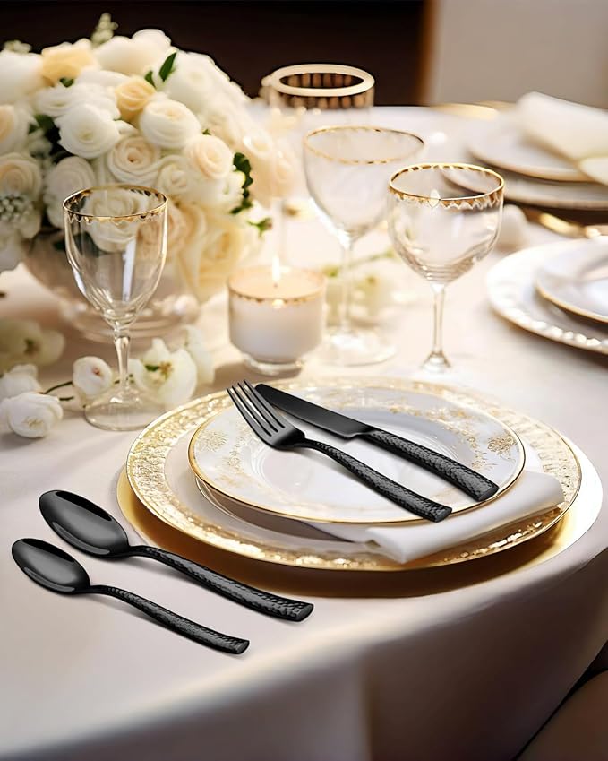 20-Piece Black Silverware Set, Ollex Stainless Steel Hammered Flatware Cutlery Set for 4, Mirror Polished Kitchen Utensils included Black Knives Spoons and Forks Set Dishwasher Safe