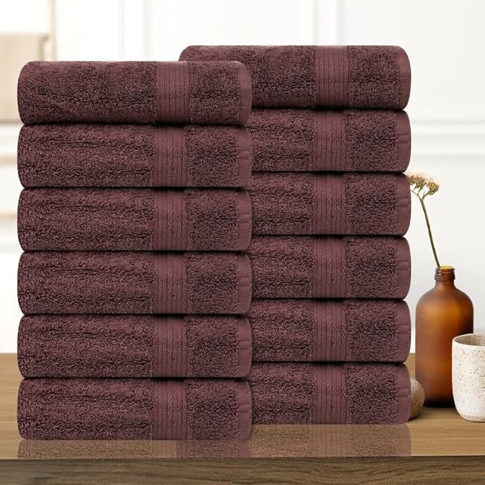 Ample Decor Hand Towel 18 X 28 Inch Pack of 12 600 GSM 100% Cotton,Oeko Tex Certified Soft Absorbent Thick Durable Premium Quality, for Hotel, Bathroom,Spa, Daily Use,Gym-Machine Washable-Brown