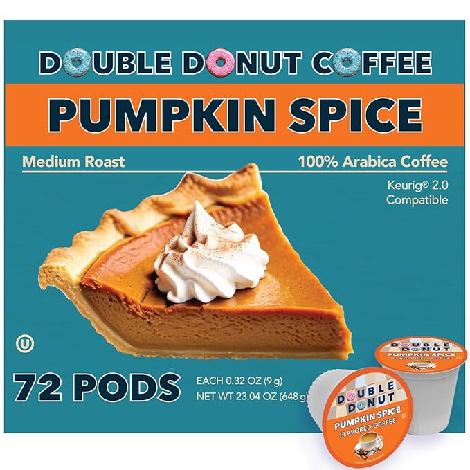 Double Donut Coffee Pumpkin Spice Coffee Pods, Medium Roast Coffee, Compatible with Keurig K Cups Brewers, 72 Count