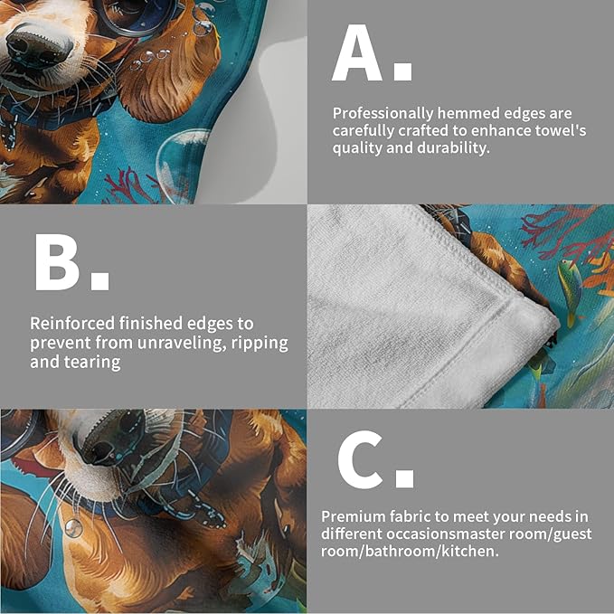 Imiss Funny Dog Hand Towels Set of 2 Sea Ocean Themed Small Bath Towel Guest Towels 14.4 x 28.3 Inch for Kitchen,Dish,Gym,Spa