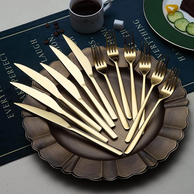 Gold Steak Knives Set 12 Piece, Premium Stainless Steel 6 Dinner Forks and 6 Dinner Knives Set, Steak Knives Steak Forks for 6 Person, Dishwasher Safe (Shiny Gold)