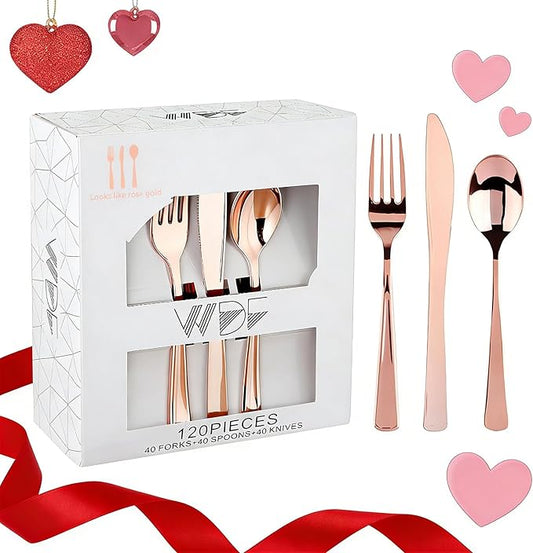 WDF 120 Pieces Rose Gold Plastic Silverware- Disposable Flatware Set-Heavyweight Plastic Cutlery- Includes 40 Forks, 40 Spoons, 40 Knives for Valentine's Day, Mother's Day,Wedding&Party