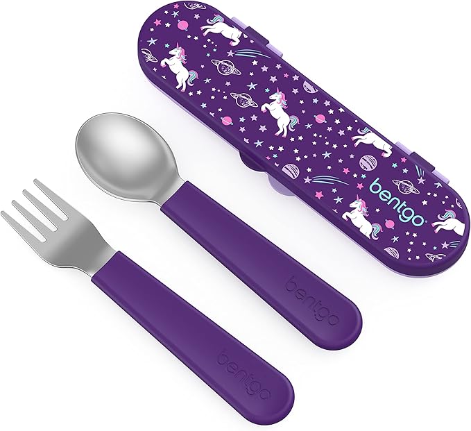 Bentgo® Kids Stainless Steel Utensil Set - Reusable Fork, Spoon & Storage Case - High-Grade BPA-Free Stainless Steel, Easy-Grip Handles, Dishwasher Safe for School Lunch, Travel & Outdoors (Unicorn)