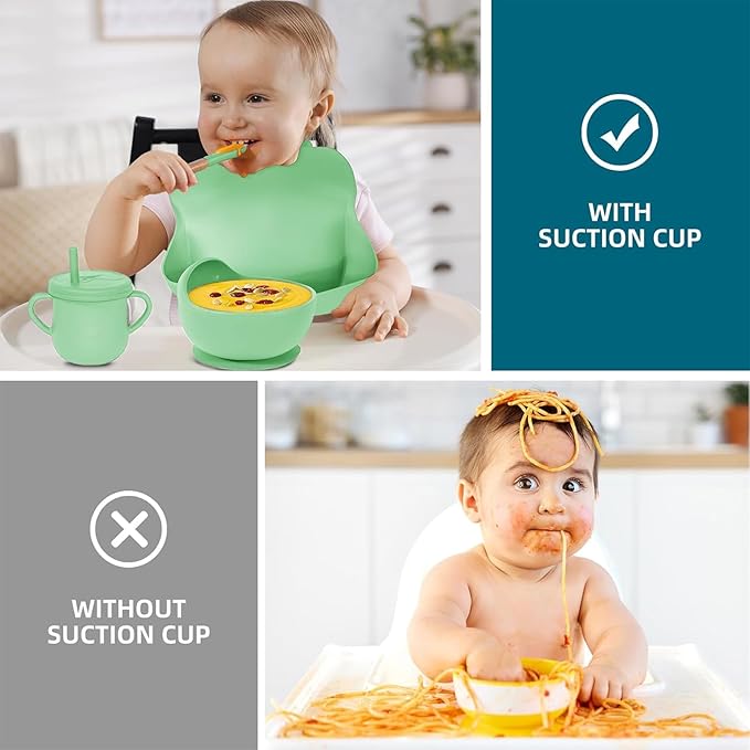 100% Silicone Baby Feeding Set,BPA Free Baby Dishes Set with Suction Bowl Divided Plate,Toddler Self Feeding Dish Set with Spoons Forks Sippy Cup and Bib, Baby Eating Utensils (Neon Green)