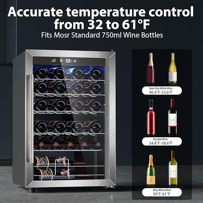 4.4 Cu.ft Wine Cooler Refrigerator, 37 Bottle Freestanding Cabinet Wine Cellars, Wine Fridge with Glass Door for Home Use, Protecting Your Reds, Silver