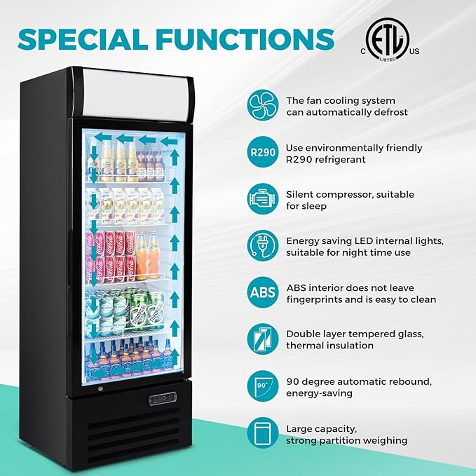 12.5 Cu Ft Commercial Beverage Refrigerator with 1 Glass Doors - Upright Drink Cooler Merchandiser with LED Light Display, 4 Adjustable Shelves, Black, ETL Approved for Business & Retail