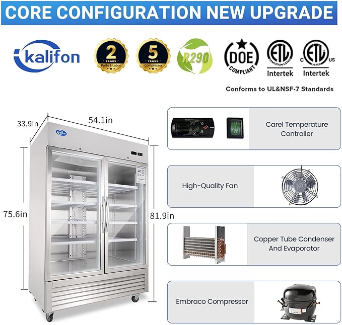 Beverage Refrigerator, 49 Cu.Ft Drink Fridge with Glass Door, Commercial Fridge with 8 Adjustable Shelves, Commercial Refrigerator with Front Led Light for Restaurant, Supermarket, Gym