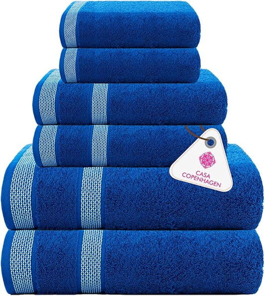 CASA COPENHAGEN Solitaire 6 Pieces Towel Set- Electric Blue, 600 GSM 2 Bath Towel 2 Hand Towel 2 Washcloth, Designed in Denmark Made of Soft Egyptian Cotton for Bathroom, Kitchen & Shower