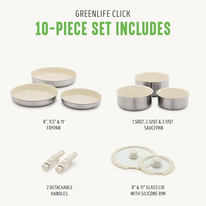 GreenLife Stainless Steel Nonstick 10 Piece Cookware Set, Detachable Handle, Induction Ready, Stackable Kitchen Set, Tri Ply Ceramic PFAS Free Pots & Pans, Space Saving, Oven Safe, Glass Lid, Silver