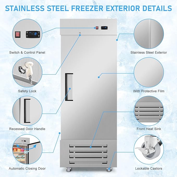 Commercial Freezer, 27"W Upright Freezer Stainless Steel, 20 Cu Ft Commercial Standup Freezer with 4 Adjustable Shelves, Self-Closing Reach-in Cooling Single Solid Door Freezer for Kitchen, Restaurant