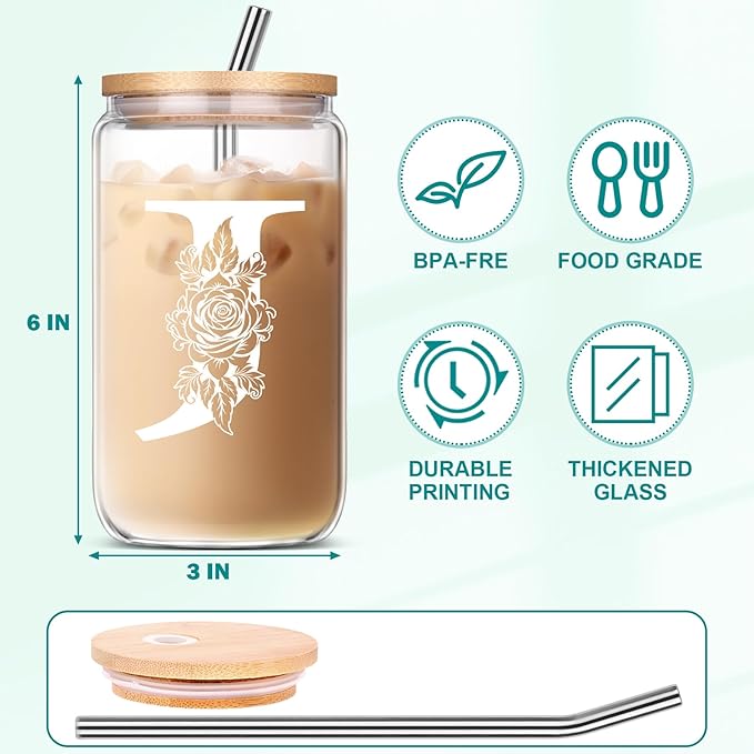 Gifts for Women, Personalized Monogrammed Gifts for Sister Mom Friend Wife, Birthday & Ideas 2024 - Iced Coffee Cute Glass Cups with Lids and Straws