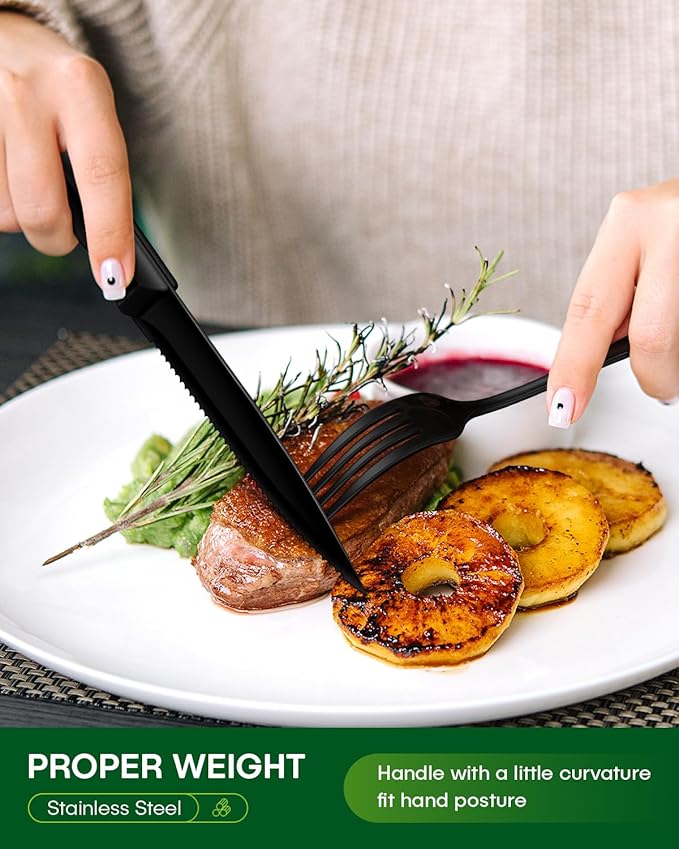 24-Piece Black Silverware Set with Steak Knives Food-Grade Stainless Steel Flatware Set for 4 Mirror Cutlery Include Spoon Fork Knife Set Dishwasher Safe Utensil Sets for Home Restaurant