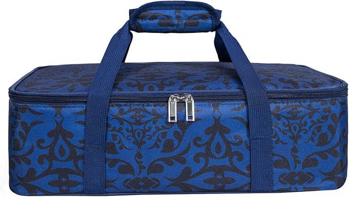 Insulated Casserole Carrier Bag - Portable Reusable Lunch Food Transport Tote Bag Keep Food Hot/Cold Fits 9x13" Lasagna Baking Dish for Gathering/Potluck Parties/Cookout/Camping/Offices-Blue/Black