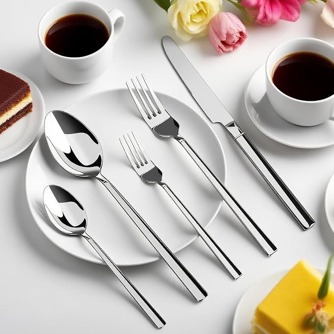 WANGYUANJI 20-Piece Stainless Steel Flatware Set, Service for 4 — 4 × 5-Piece Place Settings (Knife, Dinner Fork, Salad Fork, Dinner Spoon & Teaspoon), Mirror-Finish, Dishwasher Safe Silverware
