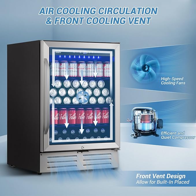 24 Inch Beverage Refrigerator, 210 Cans Under Counter Beverage Cooler, 24" Space Built-In Beer and Drink Fridge with Glass Door for Soda, Water, and Milk - For Kitchen, Bar or Office