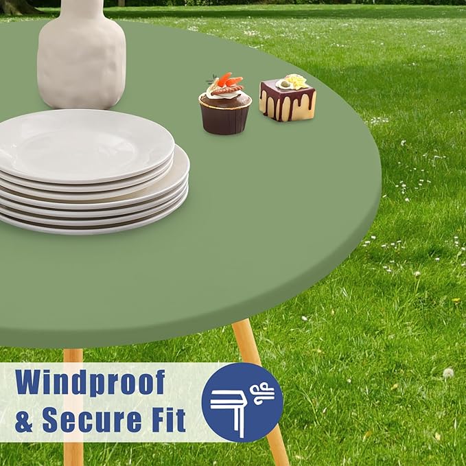 Round Spandex Tablecloth, Elastic Fitted Waterproof Tablecloths for 36"-44" Tables, Stretch Washable Picnic Table Cover for Camping, Dining, Indoor and Outdoor, Sage Green