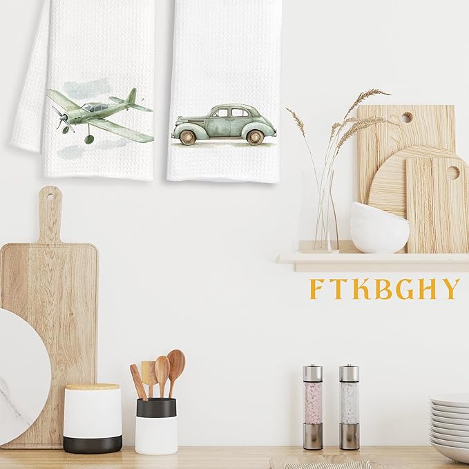 Sage Green Car Plane Preppy Decorative Hand Towels Gifts, Kids Boys Bathroom Decor, Watercolor Transportation Decorative Dish Hand Tea Towels for Bathroom Kitchen, 16x24 Inch Set of 2