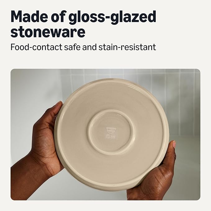 Amazon Basics Glazed Stoneware Dinnerware, Ceramic 12-Piece Set, 4 Full Place Settings, Dishwasher-Safe, Linen Gray