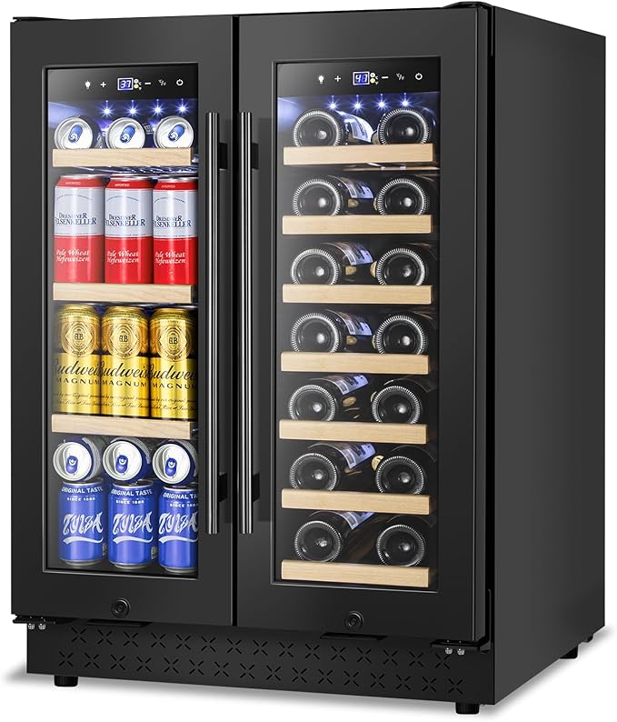 Wine and Beverage Refrigerator, 24 Inch Beverage Cooler Dual Zone with Glass Door, Under Counter Beverage Fridge with Upgraded 60 Cans 20 Bottles Large Capacity, Black