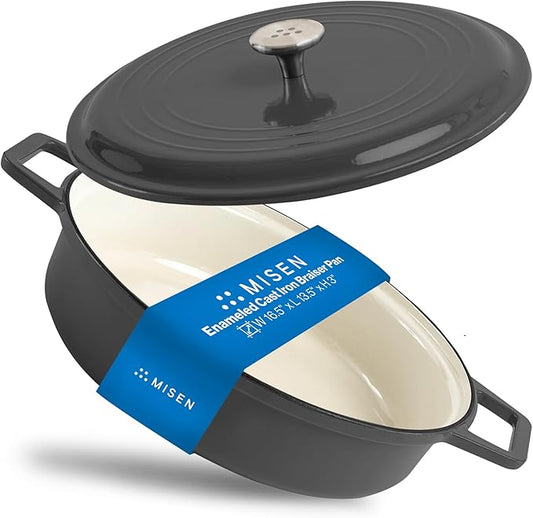 Misen 5.5 QT Braiser – Enameled Cast Iron Pan for Searing, Braising & Slow Cooking – No-Chip Enamel Coating – Extra-Wide Handles – Superior Heat Retention & Even Cooking - Black