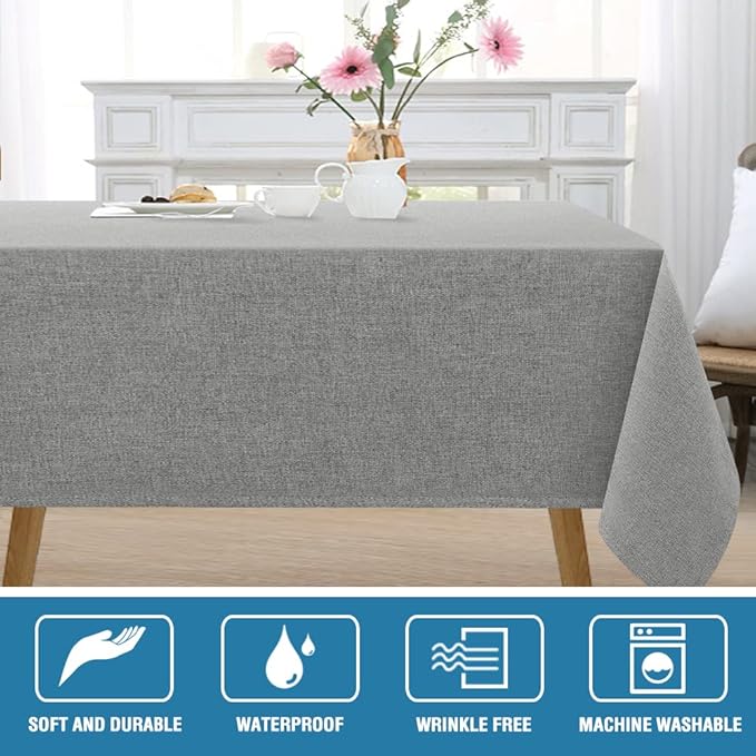 H.VERSAILTEX Linen Textured Tablecloth 60 x 102 Waterproof Decorative Table Cloth Spill-Proof Linen Look Cover for Party Table Extra Soft and Thick Fabric Wrinkle Free, Heather Gray