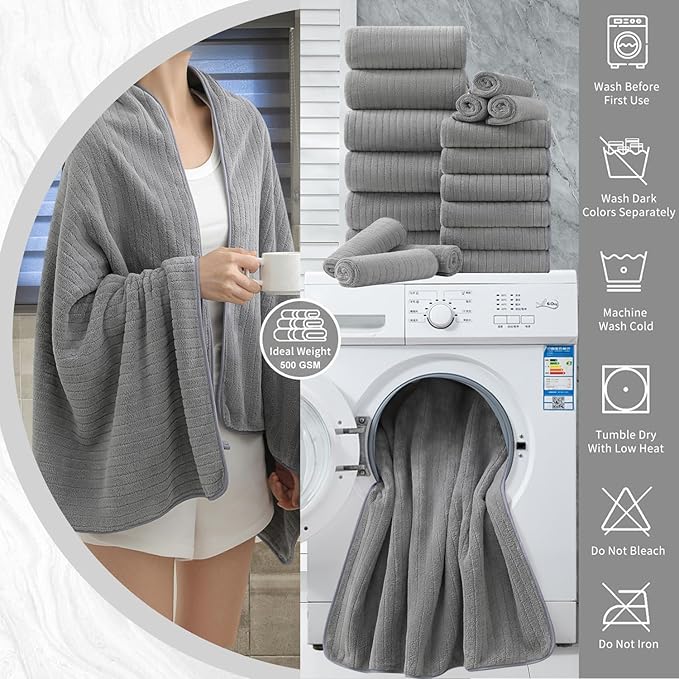 2 Piece Hand Towel Set 16"x31",Ultra Soft Bathroom Towel with Hanging Loops,100% Microfiber Towel Set,Highly Absorbent Quick Dry Hand Towel for Daily Use,Grey Towel for Bathroom,Hotel,Shower,Spa
