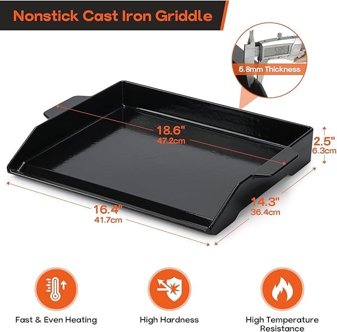 Onlyfire Universal Enamelled Cast Iron Cooking Griddle, Nonstick Coating Griddle Flat Top Grill Plate with Extra High Sidewalls for All Gas Grills and Range Oven, 18.5" x 14"