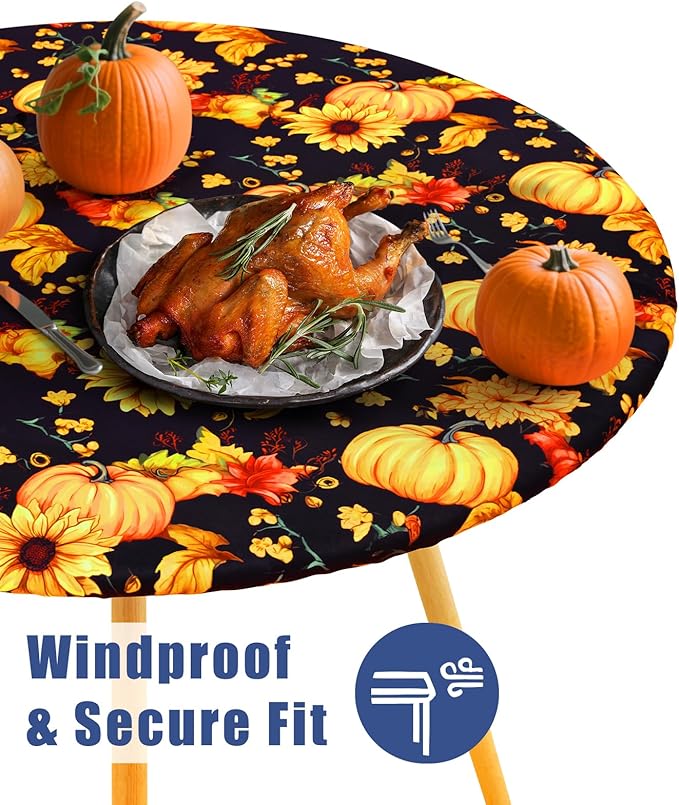 Round Spandex Thanksgiving Tablecloth, Elastic Fitted Waterproof Tablecloths for 36"-44" Tables, Stretch Washable Picnic Table Cover for Autumn Harvest Parties, Pumpkin Sunflower