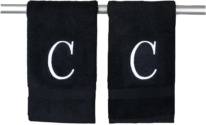 Black Initial Hand Towel for Bathroom - Monogrammed Luxury Hotel Quality Decorative Embroidered Towel for Powder Room, Spa - GOTS Organic Certified - Pack of 2 - Letter C