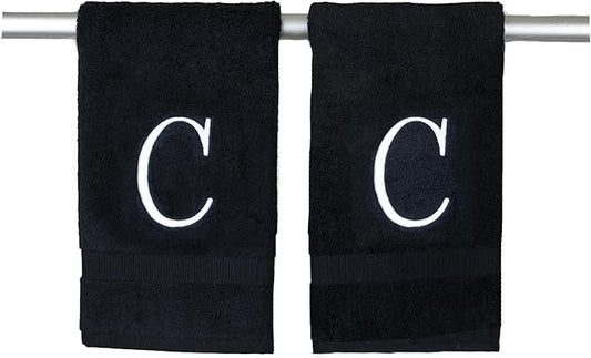 Black Initial Hand Towel for Bathroom - Monogrammed Luxury Hotel Quality Decorative Embroidered Towel for Powder Room, Spa - GOTS Organic Certified - Pack of 2 - Letter C