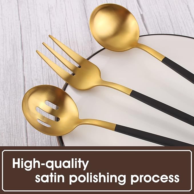 Matte Black Gold Serving Silverware Set, 5-Piece Round Shared Utensils Set of Stainless Steel, Hostess Flatware Serving Set, Satin Finish, Dishwasher Safe