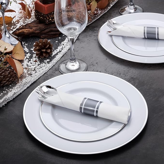 SUT 100 Pack Pre Rolled Silverware Set Disposable, 400 Pcs Silver plastic utensils Include 100 Forks, 100 Knives, 100 Spoons, 100 Napkins, Plastic Cutlery, Wrapped Silverware Set Disposable for Party