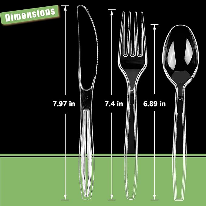 Zcaukya 300 Count Clear Plastic Silverware Set, 100 Forks, 100 Spoons, 100 Knives, Heavy Duty Disposable Cutlery Set Utensils Bulk for Parties, Events, Catering, Everyday Use