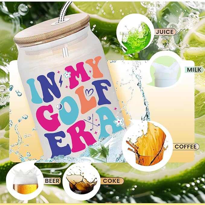 Golf Gifts, Iced Coffee Cup, Golf Accessories for Women, 16 oz Coffee Glass Cups with Lids Straws, Birthday Christmas Gifts for Women Girls Mom Friends Golfers Coaches Players, Party Favors