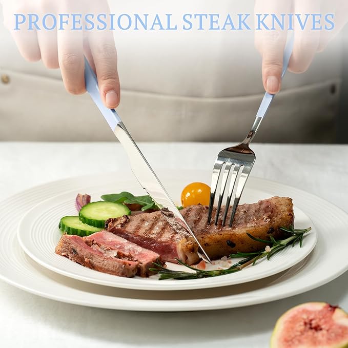 Astercook Silverware Set with Steak Knives 24-Piece Flatware Set for 4 Food-Grade Stainless Steel Blue Cutlery Set Mirror Polished Utensils Set Include Spoons and Forks for Home Kitchen Restaurant