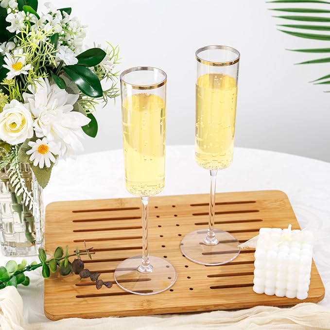 Ciaell 24 Pack Plastic Champagne Flutes - 6Oz Gold Rim Disposable Champagne Glasses - Square Clear Plastic Toasting Glasses for Party Birthday Anniversary Wedding Christmas