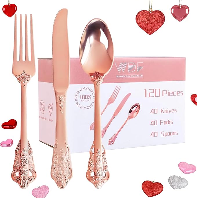 WDF 120Pieces Rose Gold Plastic Silverware - Heavy Duty Rose Gold Plastic Cutlery Set - Disposable Utensils - Flatware Includes 40 Forks, 40 Spoons, 40 Knives for Wedding, Valentines Day