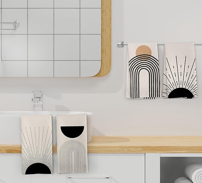 Boho Abstract Kitchen Towels and Dishcloths Set of 4, Boho Hand Towels, Mid Century Modern Abstract Minimalist Sunshine Drying Cloth Hand Dish Tea Towel for Bathroom Kitchen, 16x24 Inches