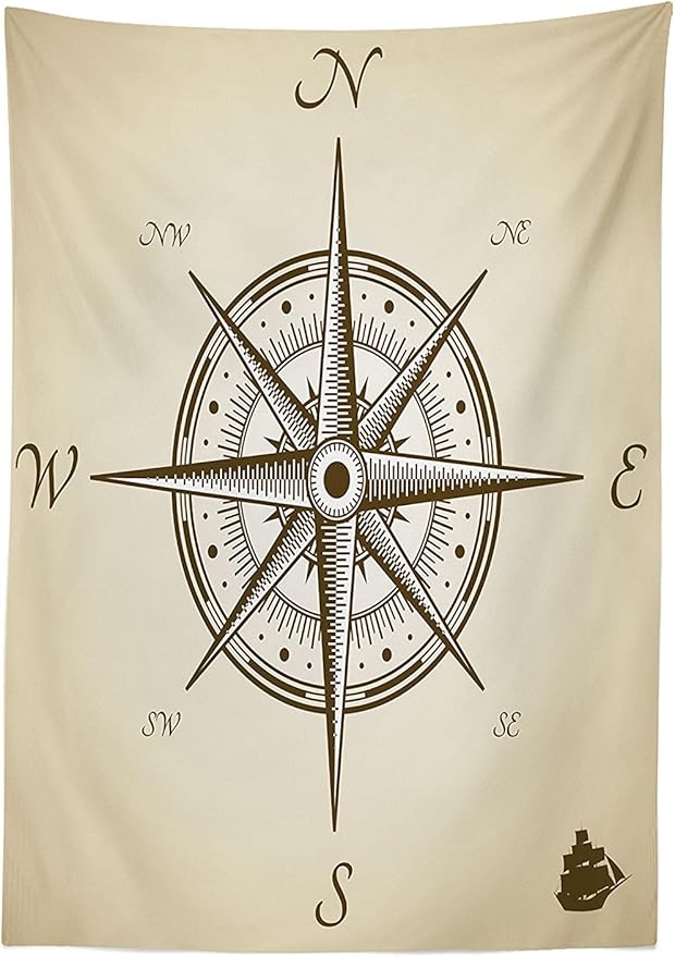 Ambesonne Compass Tablecloth, Compass Illustration Navigating Marine Instrument Antique Group Artwork Print, Rectangular Table Cover for Dining Room Kitchen Decor, 52" X 70", Beige Brown