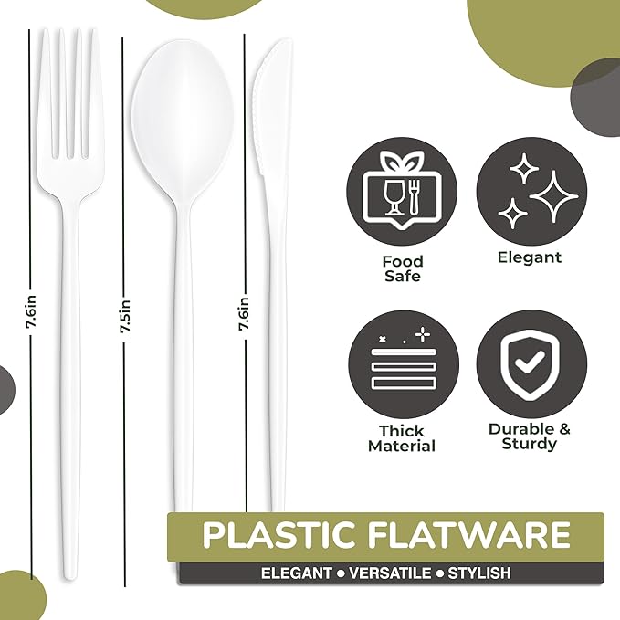 Trendables White Plastic Silverware Set White Silverware Disposable Forks and Spoons Disposable 360 Pack Plastic Utensils Set Includes 3 x 120 each Knives & Spoons & Forks For Parties and Events