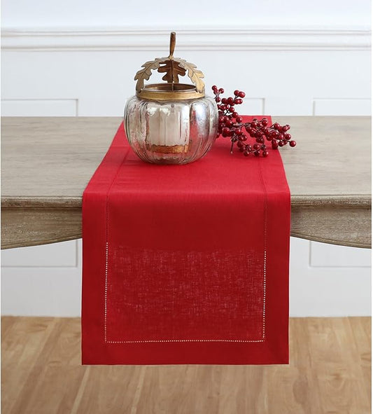 Solino Home Linen Red Table Runner 48 Inches - Classic Hemstitch, 100% Pure Linen Coffee Table Runner 14 x 48 Inch Ideal for Dresser Tables - Valentines, Holiday, Winter, New Year