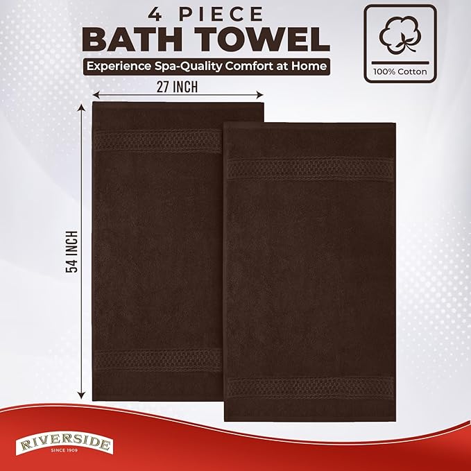 RIVERSIDE 100% Ring Spun Cotton Large Bath Towels Set of 4, 27 x 54 Inches – Quick Dry, Soft & Highly Absorbent Towels for Shower & Bathroom – Luxury 600 GSM Towels for Home, Spa, Gym, Hotel, Brown