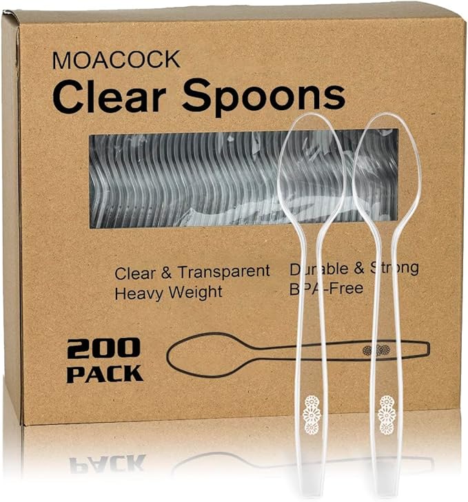 200 Count Clear Plastic Spoons, Heavy Weight Disposable Spoons Cutlery Plastic Utensils, Clear PlasticSilverware Bulk